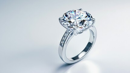 Big Diamond Ring Isolated on White Background. Large Diamond Engagement Ring