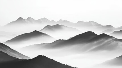 Black and white mountain range silhouette. Wide view with fog. Background of mountain ridges and hills.