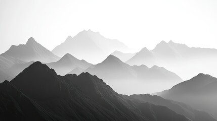 Black and white mountain range silhouette. Wide view with fog. Background of mountain ridges and hills.