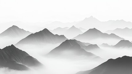 Black and white mountain range silhouette. Wide view with fog. Background of mountain ridges and hills.