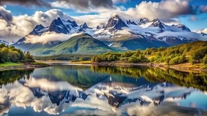 Naklejka premium Snow-capped Beagle Channel mountains reflect serenely in the calm waters of Ushuaia, Argentina, surrounded by lush green forest and misty atmosphere.