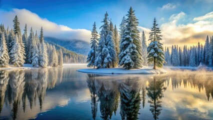 Obraz premium Snow-capped evergreen trees stand tall amidst a serene winter wonderland, frosty mist rising from a frozen lake in the Northwest's tranquil wilderness landscape.