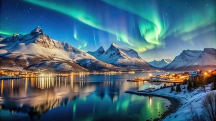 Snow-capped mountains meet the Arctic Ocean in Tromsø, Norway, as the Northern Lights dance across the starry night sky in a breathtaking winter landscape.