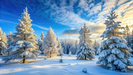 Snow-covered pine trees stand tall amidst a serene winter wonderland, their branches etched against a misty blue sky, surrounded by a blanket of frosty silence.