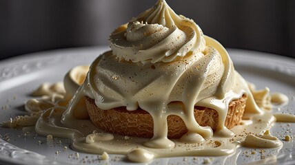 A creamy white dessert with a swirl of cream and a sprinkle of gold dust.