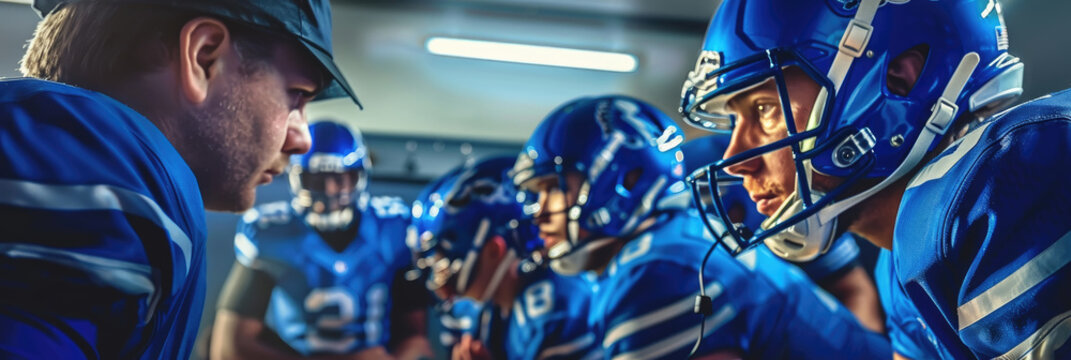 Players in blue uniforms strategize intently in the locker room moments before taking the field for their football game
