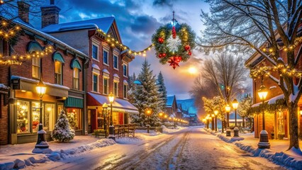 Fototapeta premium Snowflakes gently fall on a charming vintage-inspired small town main street decorated with festive holiday lights, wreaths, and garlands at dusk on Christmas Eve.