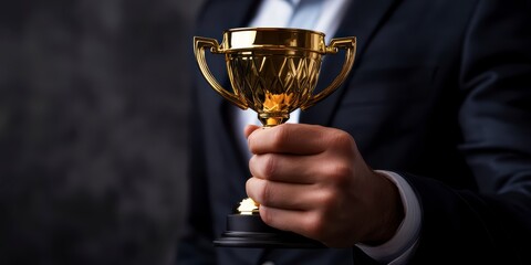 A businessman holds a gold cup symbolizing success and achievements in corporate development