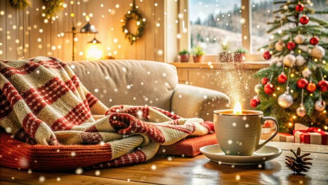 Snowflakes gently fall on a cozy living room scene with throw blankets, hot cocoa, and festive decorations, capturing the essence of a warm winter wonderland.