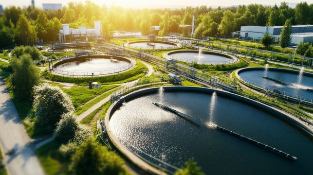 Aerial view of a modern wastewater treatment plant with multiple circular tanks at sunrise surrounded by greenery.