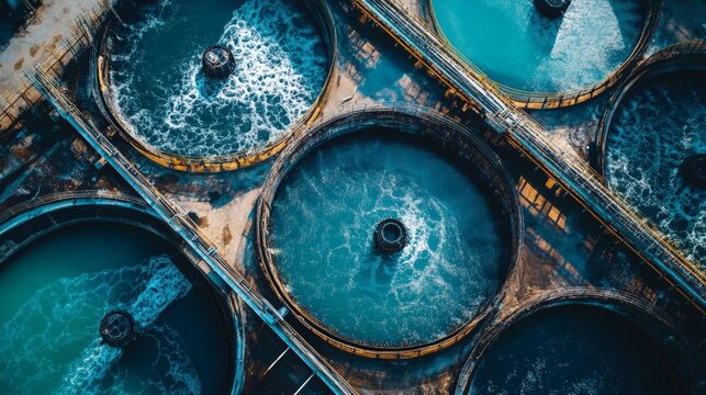 Aerial view of a modern wastewater treatment plant with round sedimentation tanks and clarifiers. Industrial infrastructure and water management.