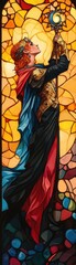 Vibrant stained glass artwork depicting a figure holding a staff, illuminated by warm colors and intricate patterns.