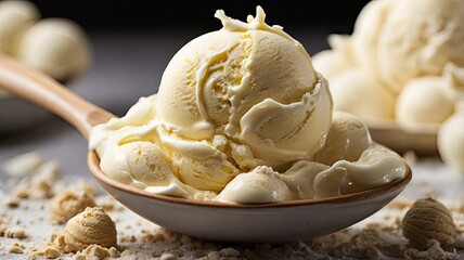 Close up of vanilla ice cream in a wooden bowl with melted ice cream around it on a table with crushed cookie crumbles.