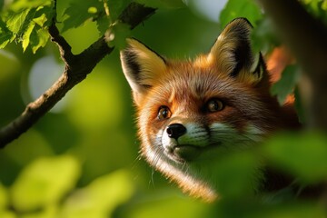 Fototapeta premium A curious fox peeks through lush green foliage, capturing the beauty of nature and wildlife in a serene moment.