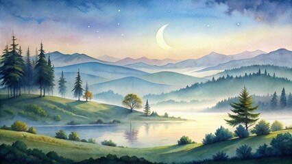 Fototapeta premium Soft, dreamy watercolor painting of a serene natural landscape with rolling hills, misty mountains, and a delicate, crescent moon Suspended above tranquil waters.