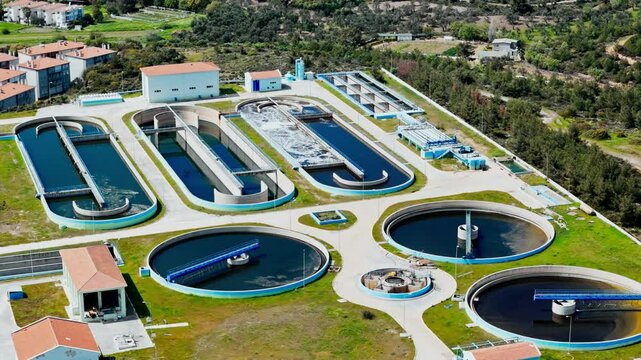 Sewage Treatment Plant and Wastewater Treatment water use. Filtration effluent waste water. Industrial solutions for sewerage water treatment and recycled
