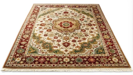 Soft, plush, and vibrant carpet lies isolated on a crisp white background, its intricate patterns and textures showcased in stunning detail and perfect lighting.