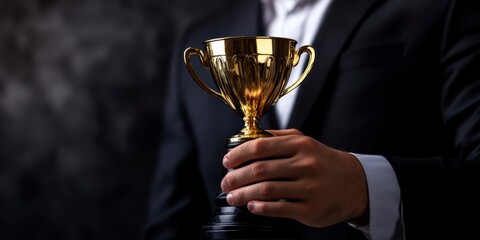 A businessman holds a gold cup symbolizing success and achievements in corporate development