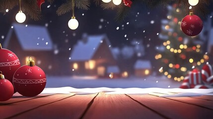 Fototapeta premium Christmas ornaments and lights hanging on a snowy tree in a cozy winter setting.