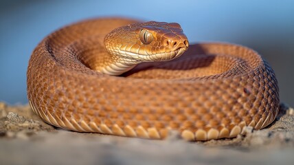 Obraz premium A close-up of a vibrant brown snake resting peacefully in its natural habitat, showcasing its intricate scale patterns.