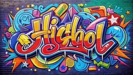 Graffiti Urban Rebel: High school logo, street art style, bold lines, bright colors, expressive brushstrokes