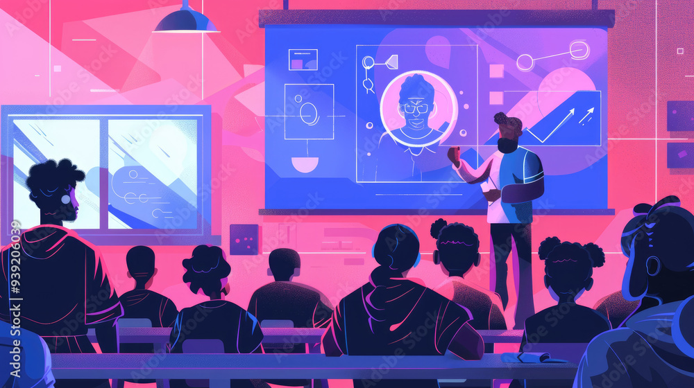 Poster a dynamic classroom session highlights a teacher instructing students about digital art, emphasizing