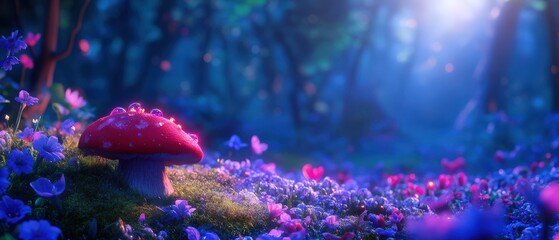 Fototapeta premium A whimsical forest scene featuring a vibrant mushroom surrounded by colorful flowers, bathed in soft, dreamy light.