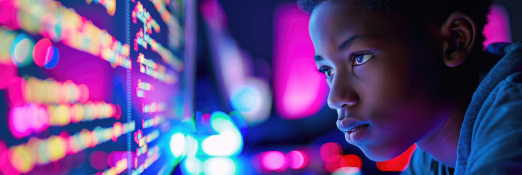 A focused young coder explores lines of vibrant code on a computer screen surrounded by a colorful glow in a dark environment