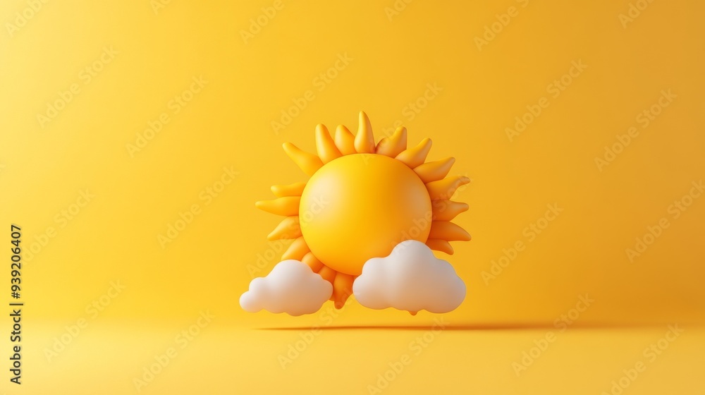 Poster a 3d single icon of a bright sun partially covered by a cloud symbolizing partly cloudy weather in a
