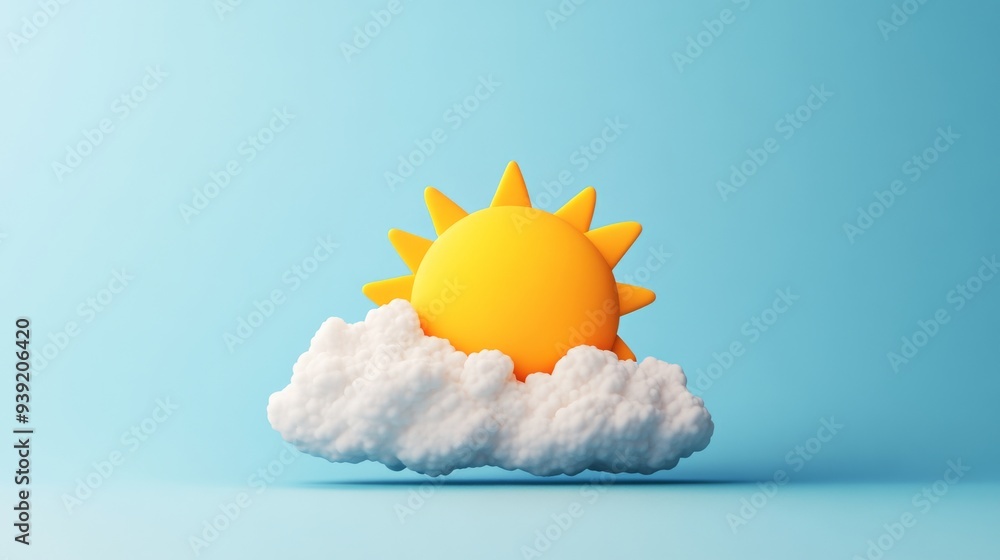 Aufkleber a 3d single icon of a bright sun partially covered by a cloud symbolizing partly cloudy weather in a
