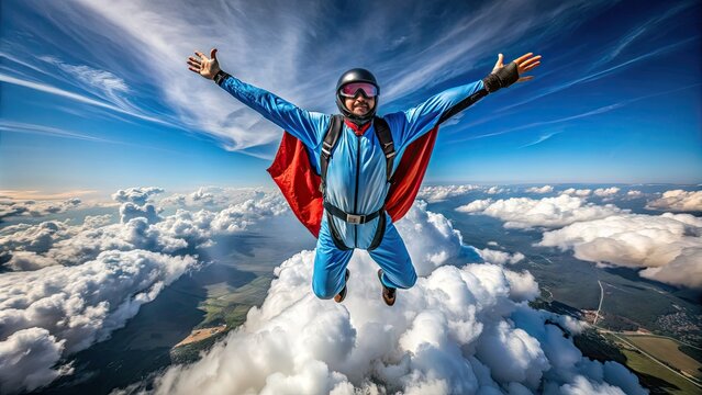 Solo figure in wingsuit soars through clear blue sky, arms outstretched, amidst wispy clouds, free and exhilarated in a thrilling extreme sports adventure.