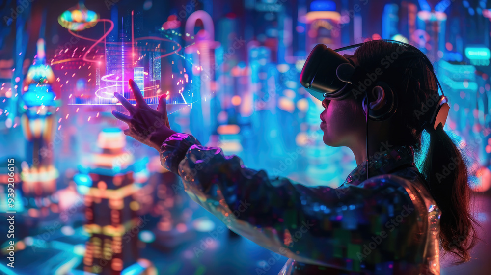 Poster a user interacts with a virtual reality interface, immersed in a colorful futuristic landscape fille