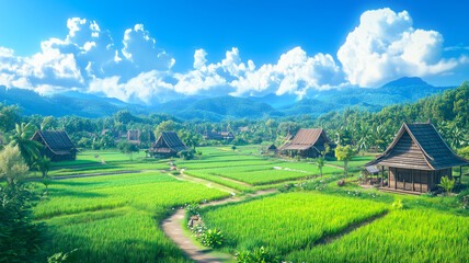 Fototapeta premium Traditional wooden houses are scattered across lush green rice fields under a vibrant blue sky with fluffy clouds