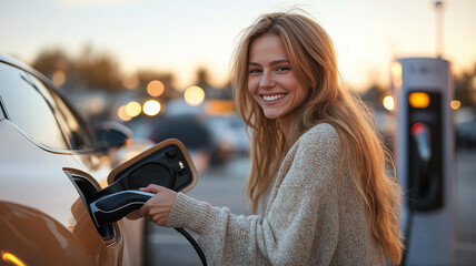 A young woman smiles brightly while charging an electric vehicle at a charging station during sunset.