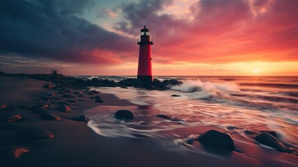 Fototapeta premium A red lighthouse stands tall on a rocky shore, guiding ships with its bright beam as waves crash against the rocks and a vibrant sunset paints the sky.