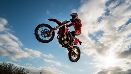 Motocross rider creates a silhouette as he soars through the air, dirt bike racing against a bright blue sky with dramatic clouds.