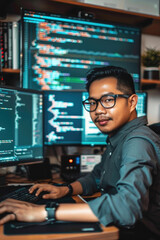 A skilled programmer collaborates with code on several screens in a cozy, modern workspace during the evening, showcasing digital creativity