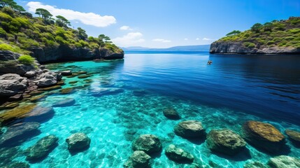 Fototapeta premium Crystal clear, turquoise water in a secluded cove or lagoon. Lush green islands embrace the tranquil bay, creating a paradise getaway.