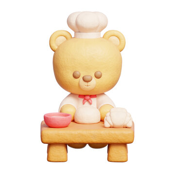 3d Cute bear wears chef uniform cooking bakery, 3d rendering