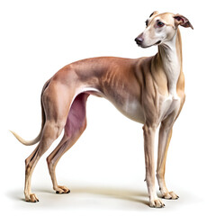 Obraz premium Sleek greyhound standing with a streamlined body, isolated on white background, Clipping path
