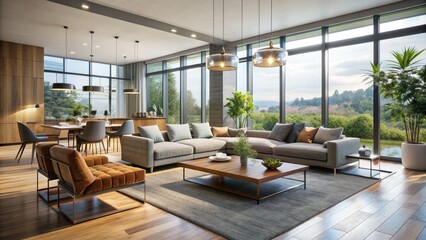 Fototapeta premium Spacious modern open-plan living room with sleek furniture, large windows, and minimalist decor, exuding comfort and sophistication in a serene, airy atmosphere.