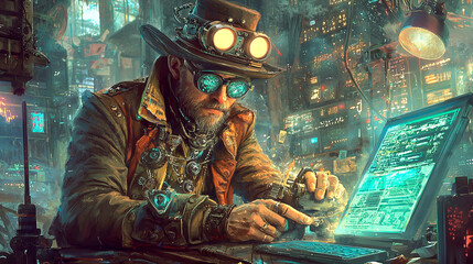 Steampunk inventor working on a steam-powered robot in a cluttered workshop