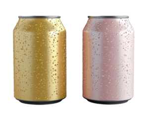 Two vibrant aluminum soda cans glisten with condensation.