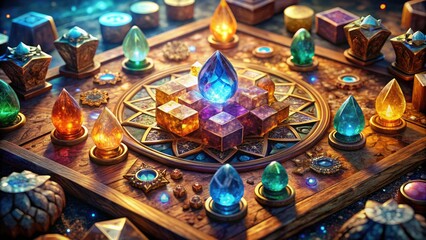 Sparkling crystal clusters surround a mysterious, ancient-looking game board with intricate carvings, evoking a sense of mystical adventure and strategic competition.