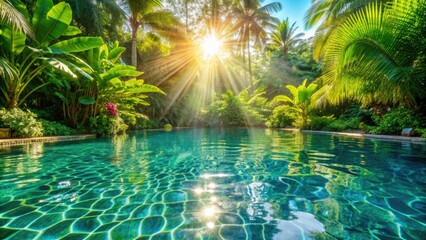 Sparkling crystal-clear water ripples in a serene green-surrounded swimming pool, with lush tropical foliage and warm sunlight casting a refreshing atmosphere.