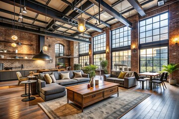 Industrial Loft with Edge: Exposed brick walls, metal beams, spacious layout, modern amenities, edgy vibe