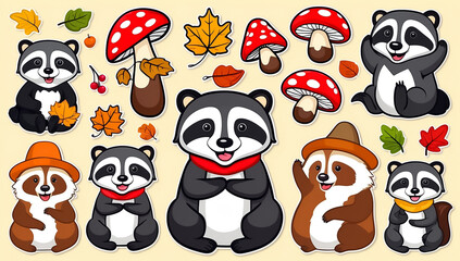 Obraz premium sticker set, different cute funny badgers
