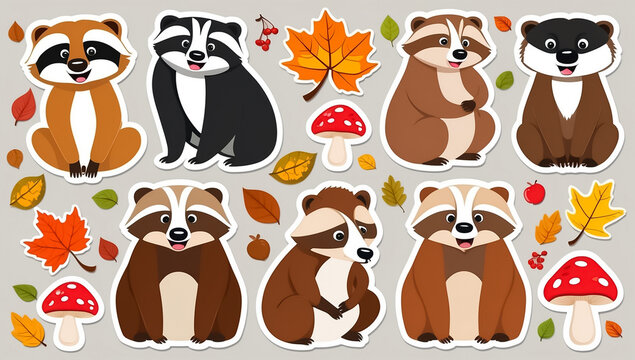 sticker set, different cute funny badgers