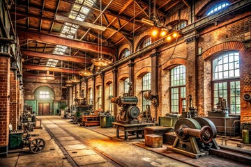 Fototapeta premium Industrial Revolution: Brick walls, exposed beams, vintage machinery, earthy tones, a nod to Facebook's origins.