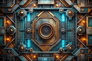 Industrial Revel: Grunge borders, techno beats, metallic accents, geometric patterns, raw materials, cyberpunk aesthetics